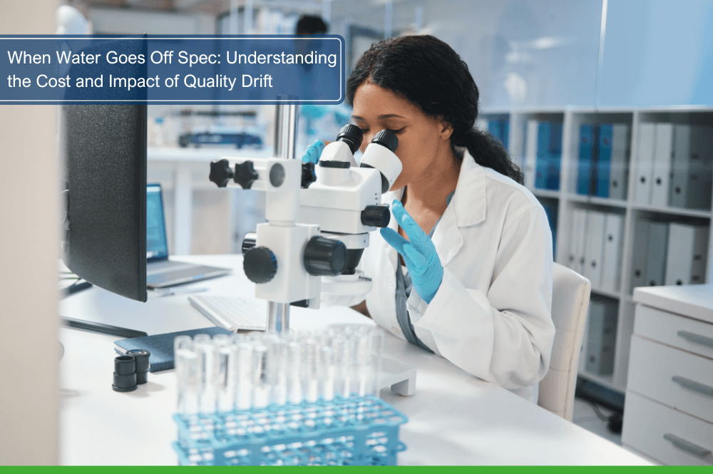 Laboratory technician analysing water samples under a microscope to identify signs of water quality drift.