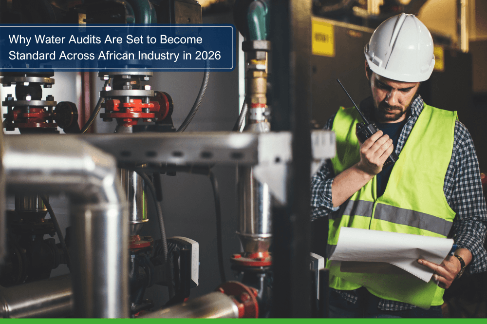 Industrial engineer reviewing water systems during a plant water audit in an African industrial facility