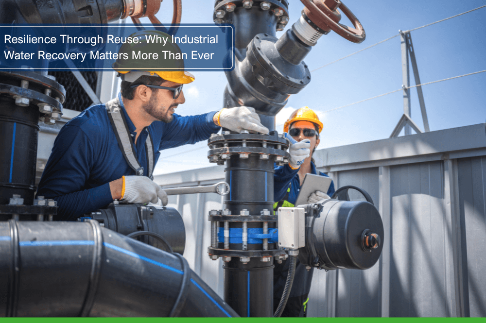 Engineers maintaining industrial water recovery system for reuse and treatment
